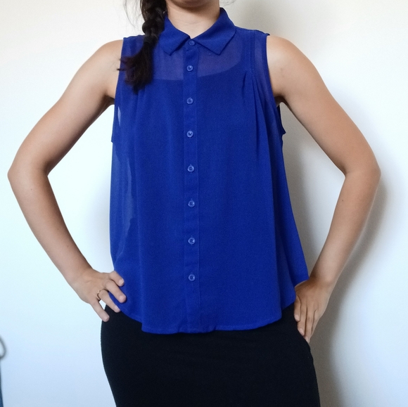 Royal Blue Sheer Sleeveless Blouse - Picture 1 of 11